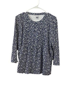 Women's Button Front Pintuck 3/4 Sleeve Top, Lands' End, S&L, Navy, NWT
